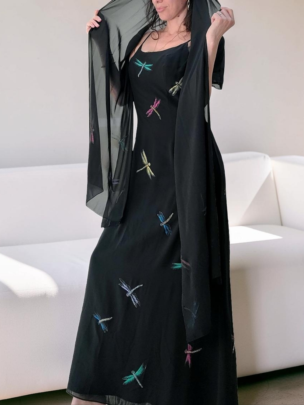 NWOT Cassandra Stone Elegant Black Dragonfly Maxi Dress With Matching Scarf - Picture 2 of 16